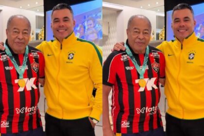 Bom reforço? Jairzinho veste a camisa do Vitória ao lado do filho Jair Ventura em jogo do Brasil: “Por aqui já somos hexa”